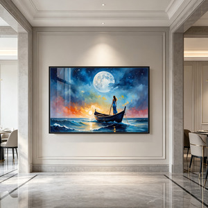 Décoration murale moderne abstraite en cristal, peinture murale représentant une jeune fille de l'océan au clair de lune et un bateau de pêche, avec cadre, tailles personnalisées disponibles - Product Image 4