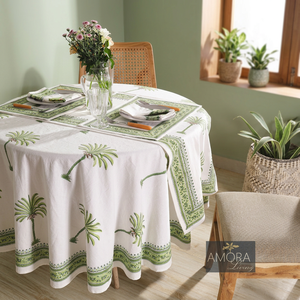 AMORA Round Cotton <b>Tablecloth</b> <b>Green</b> Plant Pattern Handmade Washable Customizable Party Use Modern Style - Product Image 2
