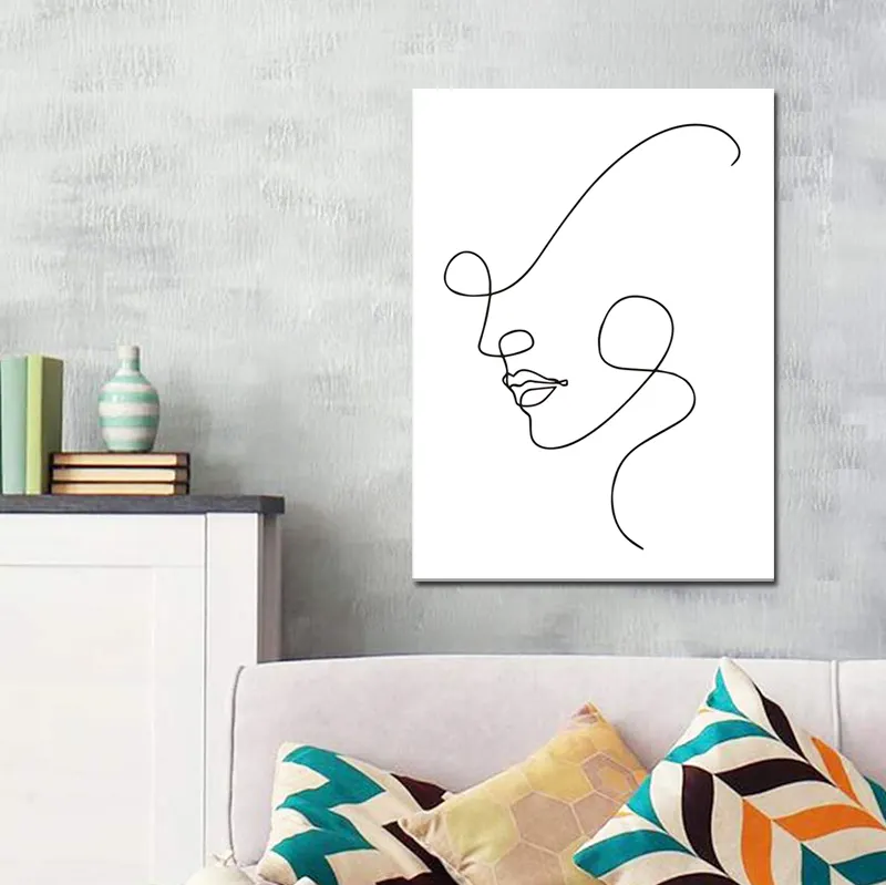 New Fashion Woman Face Sketch One Line Drawing Simple Stretched Canvas Painting Hanging Wall Art for Home Decor