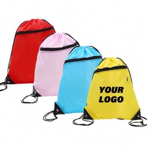 Wholesale 210D Polyester <b>Backpack</b> Bag Logo <b>Drawstring</b> Sports Gym Storage With Zipper for Shopping Custom Promotional Gifts - Product Image 1