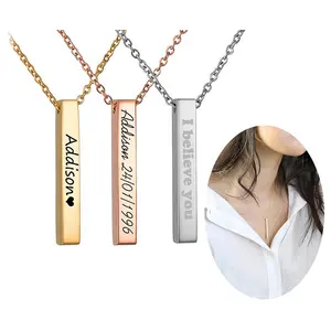 Factory Customized Dainty Vertical Name Bar Pendant Necklace Personalized Gifts for Her Bridesmaid Proposal stainless Jewel 2022