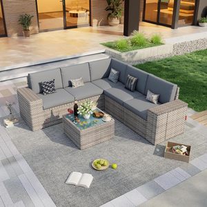 Set di Mobili <span class=keywords><strong>da</strong></span> Esterno in Rattan PE Resistente alle Intemperie con Cuscini Rimovibili, Divano a L e Tavolo in Vetro per Cortile e Terrazza - Product Image 2