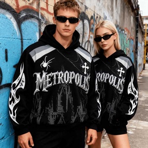 2026 New Unisex 100% Cotton Oversized Boxy Hoodie All-Over Digital Print 3D Embroidery Eco-Friendly Cross Metal Gothic <b>Block</b> - Product Image 2