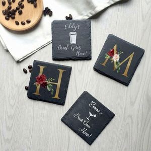 Custom logo Black Non-Slip Engraving Drink Slate Stone Bulk Coasters <b>Set</b> Wholesale Blank Promotion Gift Box With Holder - Product Image 4