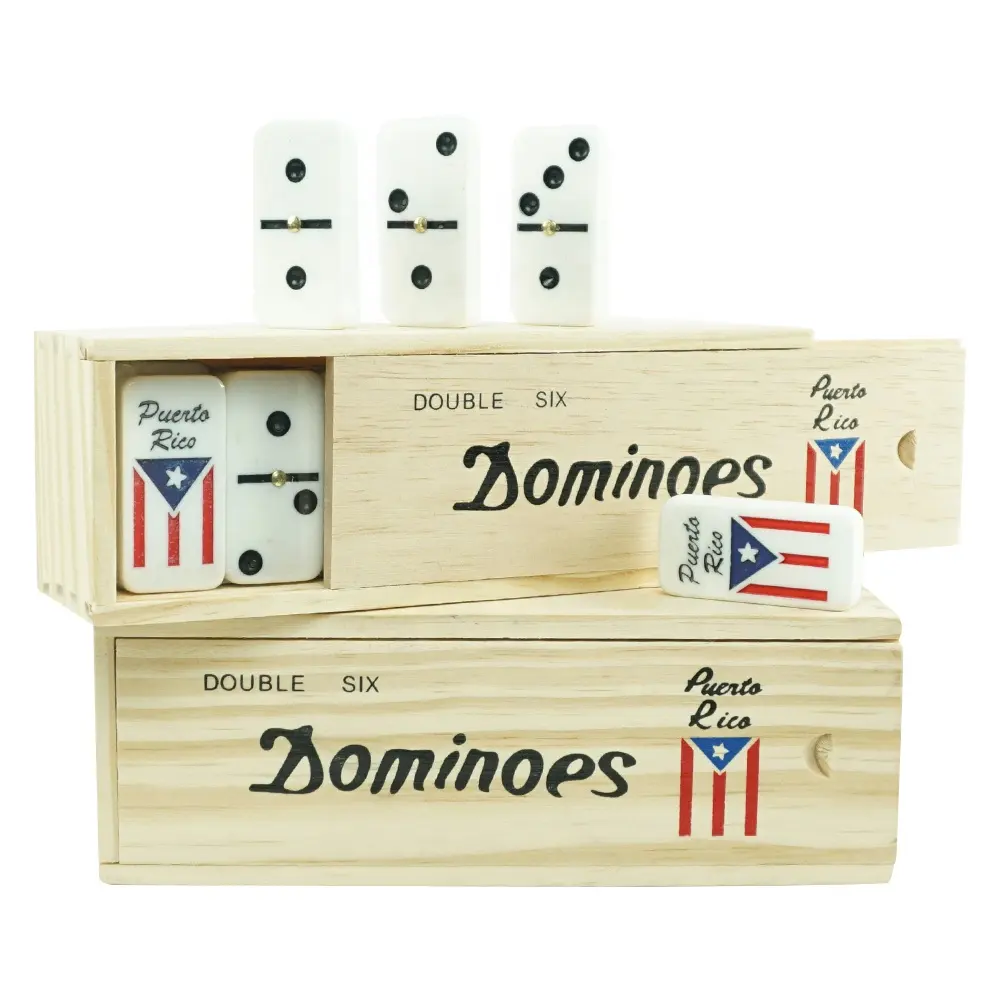 गर्म बेच 5010 मॉडल पर्टो रीको झंडा डोमिनोज़ पर dominoes ब्लॉक उत्कीर्ण लोगो के साथ वापस लकड़ी डोमिनोज़ बॉक्स
