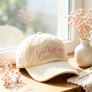 Cappello da Baseball Premium in Velluto a Coste Rosa con Fiocco Ricamato, Stile Coquette, Beige Crema, Regalo per Lei - Product Image 1