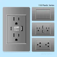 Enchufe de Pared Americano Estándar de Plástico Gris con USB Tipo-C y USB-A, Interruptor de 2 Vías, 3 Tomas, 16A, 110-240V, IP20, para Hogar, Estados Unidos y México