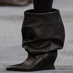 High Wedge Heels Pointed Toe Pleated Upper Shoes Wide Top Mid Calf <b>Boots</b> Women's on Loose Baggy Half Knee High Booties - Product Image 4