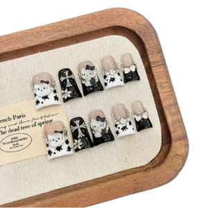 Faux ongles à presser faits main motif chat et canard, 10 pièces, réutilisables et en acrylique, avec colle - Product Image 1