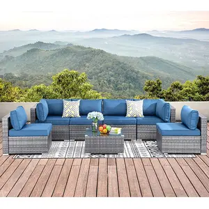 7 PCS Rattan Outdoor Sofa Grey Rattan Wicker Sectional Garden Sofas Outdoor Garden Patio Furniture Set