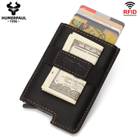 Portefeuille automatique en cuir véritable avec logo personnalisé, anti-vol RFID, porte-cartes de visite en métal, unisexe, pour les voyages