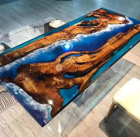 호두 나무 상한 현대 대중음식점 부엌 막대기 가구 특별한 디자인 식사 공간 물 파란 강 에폭시 수지 테이블