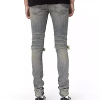 Fabricant sur mesure de jeans en denim pour hommes, taille haute, délavé clair, coupe crayon, effet usé et déchiré, imprimé automne, OEM ODM