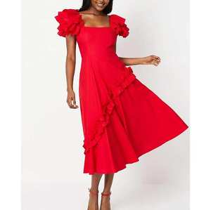 Robe maxi de soirée de luxe pour femmes, été 2024, longue, rouge, col carré, volants en dentelle, tissage uni, manches évasées, style A, décontractée - Product Image 1