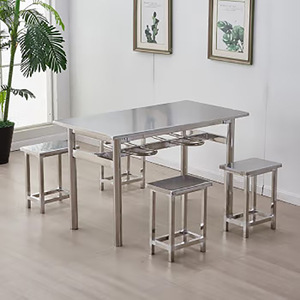 Table à manger modulaire en acier inoxydable avec tabourets suspendus, 4 ou 6 places, pour cantines, restaurants de nouilles, ensembles de restaurants - Product Image 1