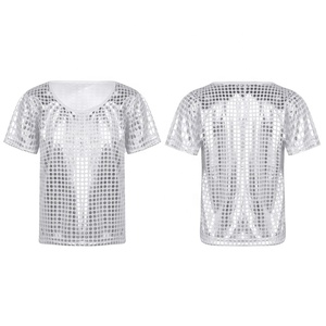 T-shirt à sequins pour filles, manches courtes, col rond, hauts brillants holographiques métalliques, pour spectacle de danse, scène, personnalisable pour enfants - Product Image 2