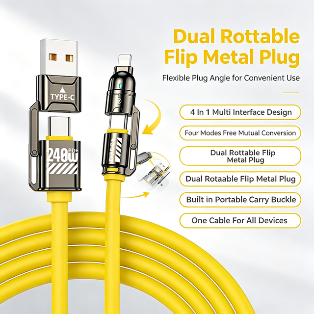 4 in 1 240W PD Fast Charging Data Cable Silicone Soft Cord USB a to Type C L Convertible Plug for IPhone Macbook Android