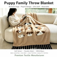 Plaid Doux et Réversible en Velours Semi-Texturé, Motif Famille de Chiots de Dessin Animé, Art Canin Camel Cream, pour la Détente, la Lecture, la Maison et le Salon
