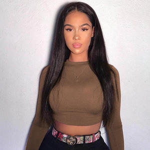 Venta al por mayor personalizado sólido básico de manga larga mujeres Casual negro blanco moda Crop Top camiseta señoras moda coreana Camiseta larga - Product Image 4