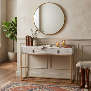 Mesa Consola Moderna de Madera con 2 Cajones y Estructura Metálica Dorada – Mesa de Entrada de Lujo |   Mesa de Almacenamiento para Pasillo - Product Image 1