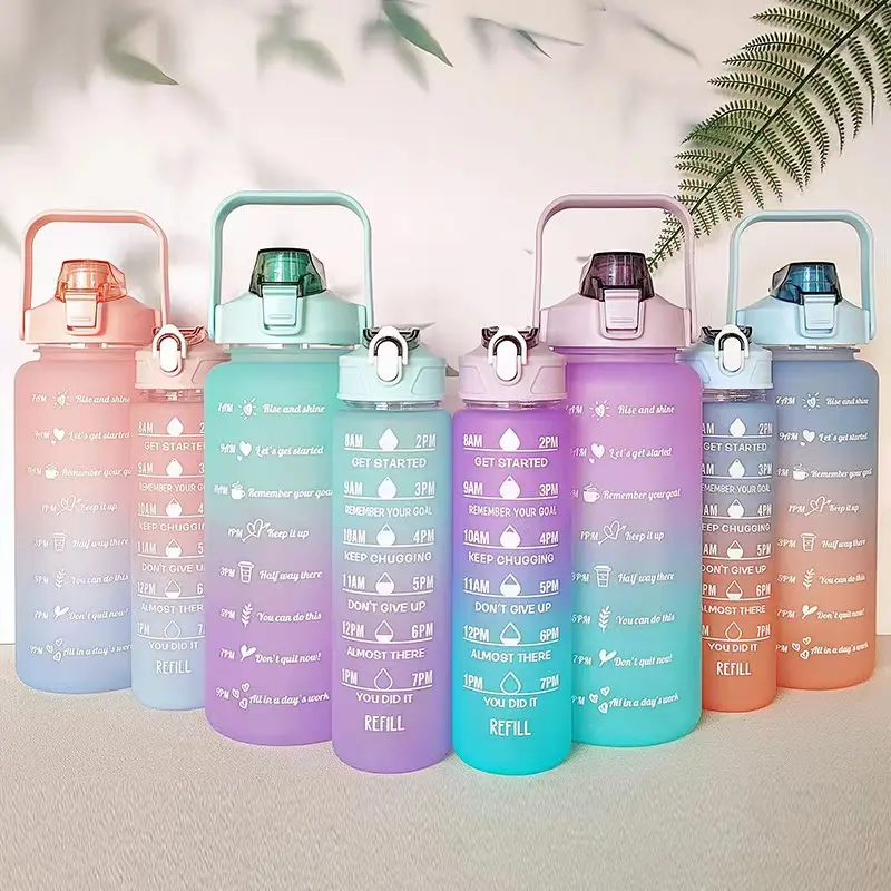 2l Large Capacity Two-piece Set Custom Logo Gradient Food Grade Plastic Water Bottle with Motivational Time Marker