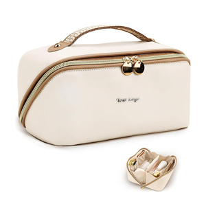 Beige Women Makeup <strong>Bag</strong> <strong>Travel</strong> Waterproof Vegan Leather Cosmetic <strong>Bag</strong> Open Flat <strong>Toiletry</strong> <strong>Bag</strong> With <strong>Clear</strong> Divider and Handle - Product Image 1
