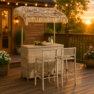 Ensemble de bar de piscine en acier robuste, ensemble bistrot en rotin PE avec design Tiki Hut - Product Image 4