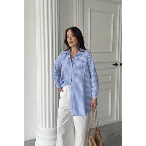 Camisa Larga a Rayas Azules para Mujer, Blusa Informal de Popelina con Botones, para Uso Diario - Product Image 4