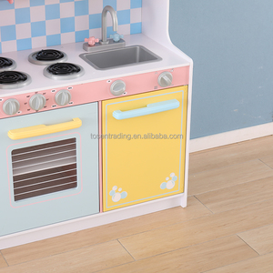 Cuisine de jeu en bois vintage aux couleurs pastel pour enfants avec four, robinet, brûleur et accessoires de cuisine - Product Image 4