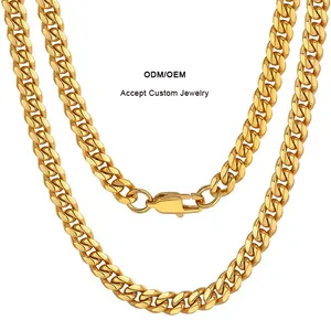 Custom Hip Hop Jewelry bijoux acier inoxydable Gold Plated Filled Stainless Steel Iced Out Clasp Miami Cuban Link Chain For Men