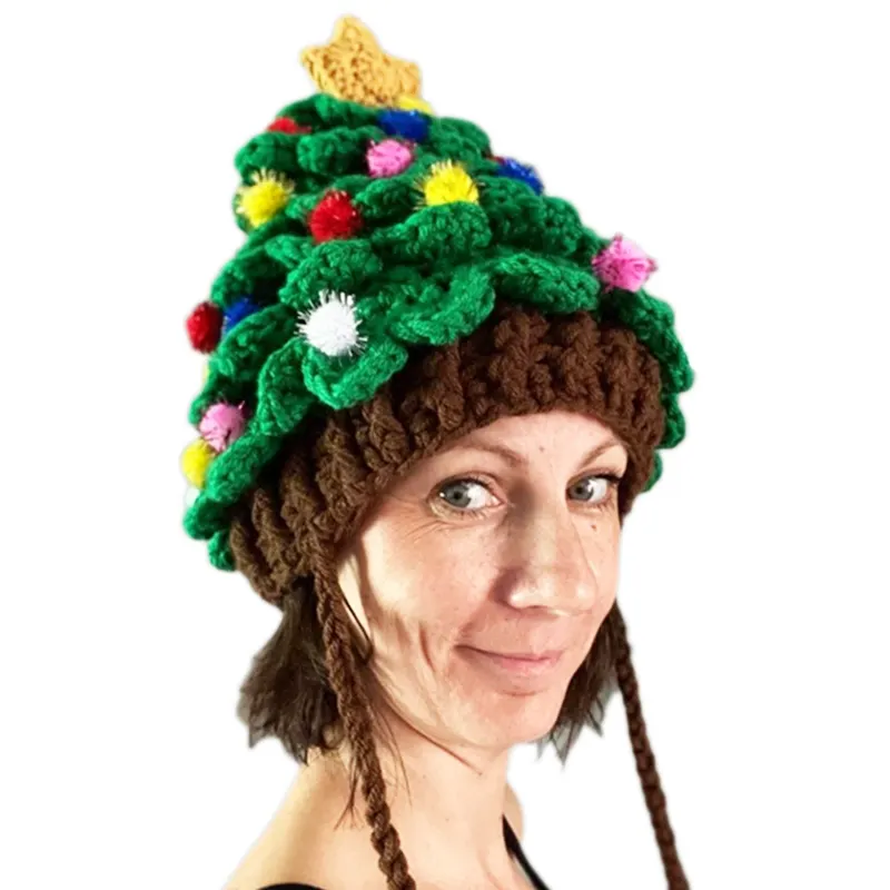 Christmas Santa Hats Adult Winter Knitted Crochet Beanie Christmas Hat Handmade Funny kids Hat Xmas Tree Crochet cap with Pompom