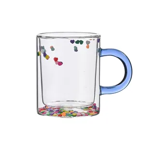 Đôi Tường Rõ Ràng Glass Hai Lớp Uống Cốc Cà Phê Cầu Vồng Confetti Trái Tim Dễ Thương Bobo Tình Yêu Với Xử Lý Rõ Ràng