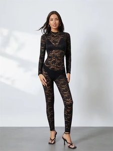 <span class=keywords><strong>Tuta</strong></span> Intera <span class=keywords><strong>Nera</strong></span> Sexy ed <span class=keywords><strong>Elegante</strong></span> da Donna 2026, Nuova Collezione Estiva, in Pizzo Jacquard Scavato Trasparente a Maniche Lunghe e Vestibilità Slim - Product Image 6