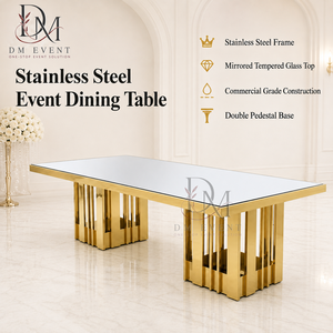 Table de salle à manger rectangulaire haut de gamme en acier inoxydable avec plateau miroir et base à double lattes pour événements et banquets (vente en gros) - Product Image 1