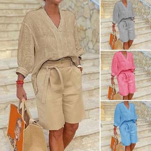 Boutique Wholesale 2025 Summer New <strong>Fashion</strong> V-neck <strong>Cotton</strong> Linen Loose Shirt Casual Shorts Women's Set - Product Image 3