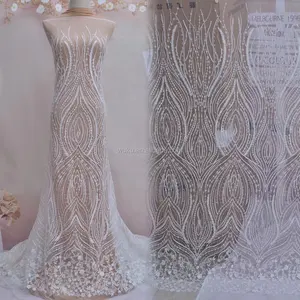 Tela de encaje para vestido de novia, motivo de flor incrustada con diseño de cuentas