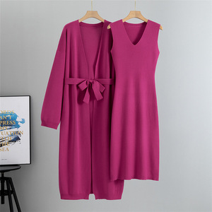 Conjunto de duas peças feminino elegante moda vestido abaya muçulmano malha <span class=keywords><strong>Cardigan</strong></span> jaqueta colete sem mangas longo vestido casual robe - Product Image 3