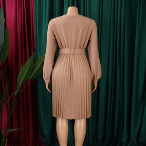 Vestidos de Último Diseño D497 para Mujer, Elegantes, Cuello en V, Color Sólido, Manga Larga, Plisados, Estilo Africano, para Oficina - Product Image 5