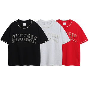 Camiseta de Cuello Redondo Extra Grande de Lujo para Hombre, de Algodón y Poliéster, con Letras Tejidas con Logotipo Personalizado Desgastado y Pedrería - Product Image 1