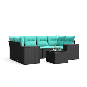 Set Divano da Esterno Moderno in Polyrattan Nero con Cuscini, 7 Posti, Arredamento da Giardino - Product Image 1