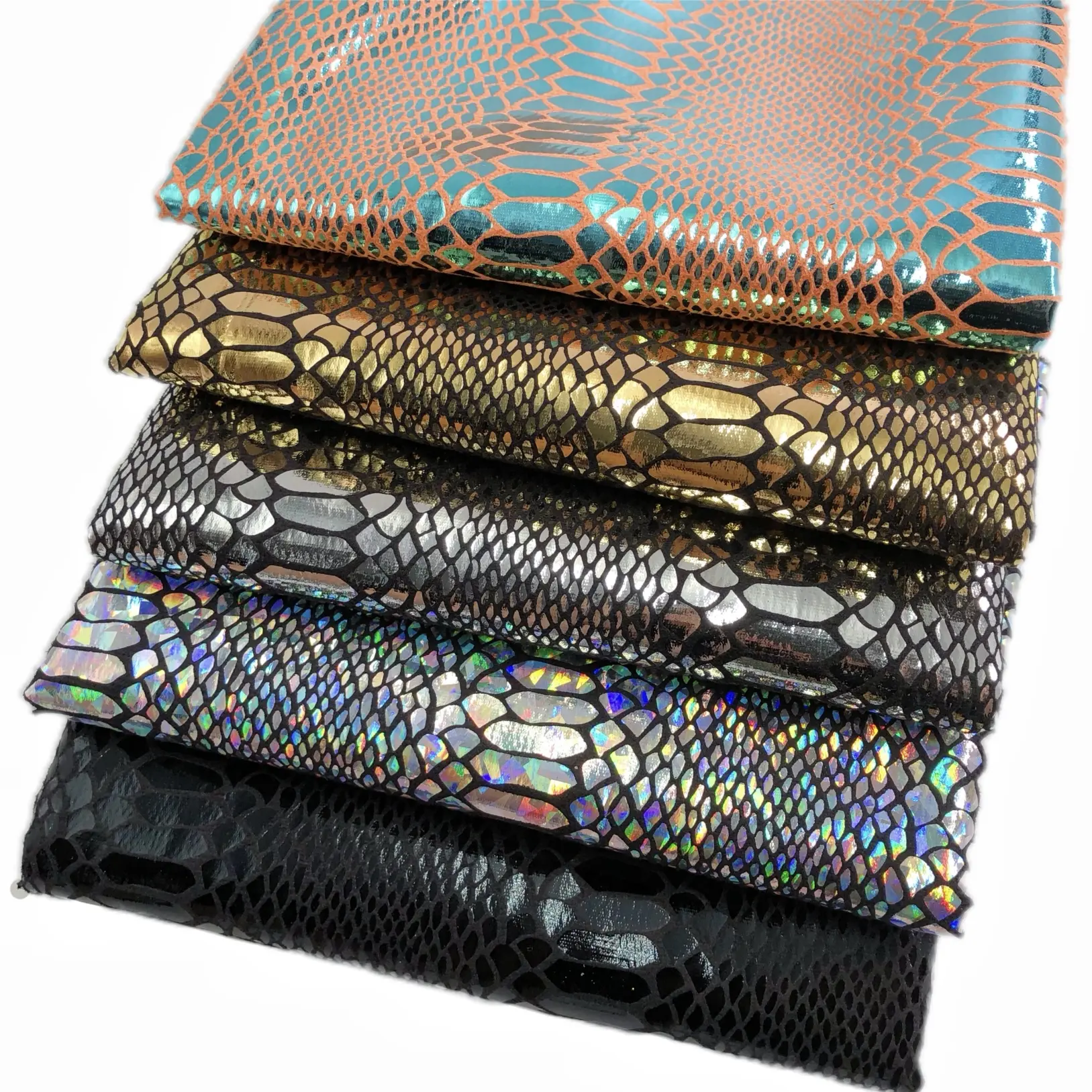 FA-838 Metallic snake skin pattern foil print polyester suede velvet fabric for costume bags shoes