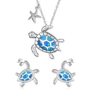 Fashion Necklace Set 925 Sterling Silver Starfish Sea Turtle Pendant Ladies Necklaces Set With Earrings Opal Ocean Jewelry Set