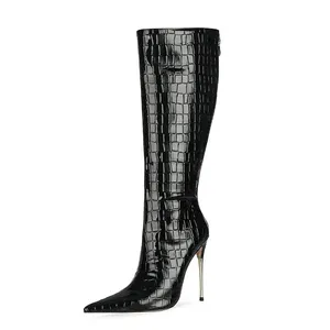 topuklu uzun elbise Suppliers-Artı boyutu StilettoTall çizmeler kadınlar seksi diz yüksek uzun çizmeler sivri burun kadın ayakkabısı olgun parti düğün elbise 2021 marka yeni