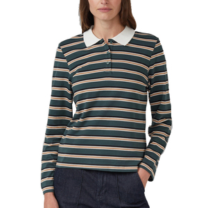 Polo Minimalista de Manga Larga a Rayas para Mujer, Sin Logotipo, Acabado Limpio, Base Neutral, Bordado Personalizado, Etiqueta Privada, Venta al Por Mayor - Product Image 4