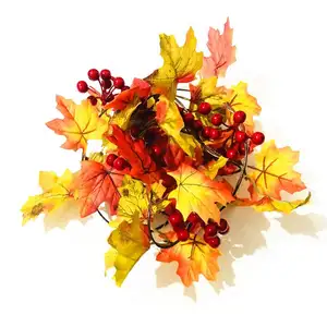 Guirnalda de Hojas de arce de Otoño de Navidad Artificial, luces de hadas de 2m, 10led, fruta verde roja, iluminación de cadena de alambre de cobre alimentada por batería