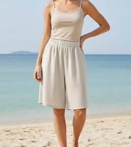 Beige Cotton Bermuda Shorts <b>Elastic</b> Waist Loose Fit Mid Rise Casual Women's Shorts - Product Image 1