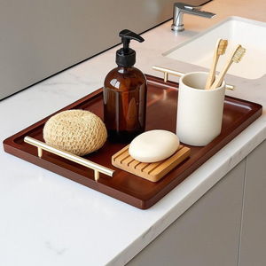 Acacia Wood <b>Tray</b> Brown With Handle Lacquered Finish Serving <b>Tray</b> For Bathroom <b>Storage</b> - Product Image 1