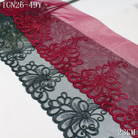 Dentelle brodée en tulle rouge de 22 cm avec fil métallique scintillant, grande broderie florale en maille, bordure en dentelle, en stock pour robe