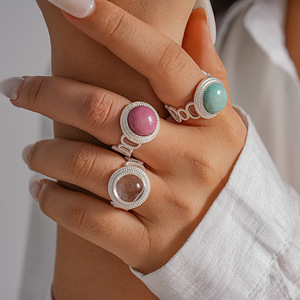 Boho Natural Stone Statement <b>Ring</b> <b>Silver</b> Plated Double Bezel Hollow <b>Adjustable</b> Open Band Retro Index Finger <b>Ring</b> - Product Image 3