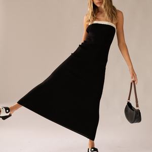 Robe longue ajustée en maille côtelée personnalisable pour femme, sans bretelles, longueur midi, avec taille naturelle, méthode de tissage - Product Image 4